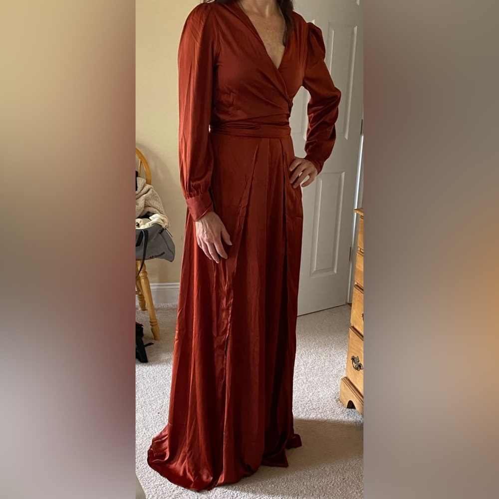 Satin Long Sleeve Maxi Dress Burnt Orange Wrap Top Cut-outs, High leg slits